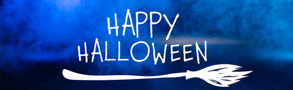 happy halloween lettering on blue dark background with smoke, banner