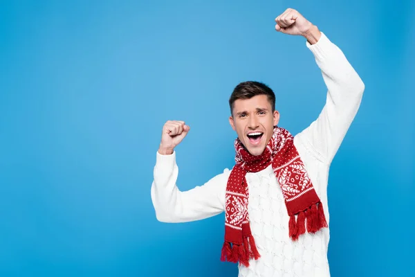 Excited Man Yeah Gesture Looking Camera Isolated Blue — Stock Photo, Image