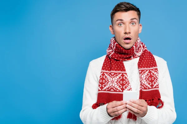 Shocked Young Adult Man Open Mouth Wearing Scarf Sweater Holding — Stock Photo, Image