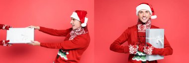 Noel Baba şapkalı bir adam kolajı hediye çekiyor ve kırmızı arka planda, pankartta