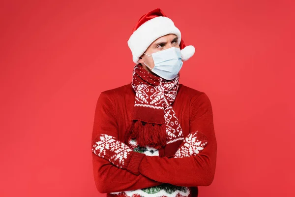 Junger Mann Mit Weihnachtsmannmütze Medizinischer Maske Und Handschuhen Die Mit — Stockfoto