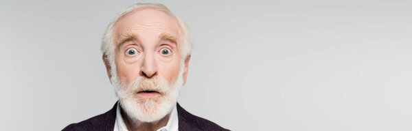 Excited senior man looking at camera isolated on grey, banner 