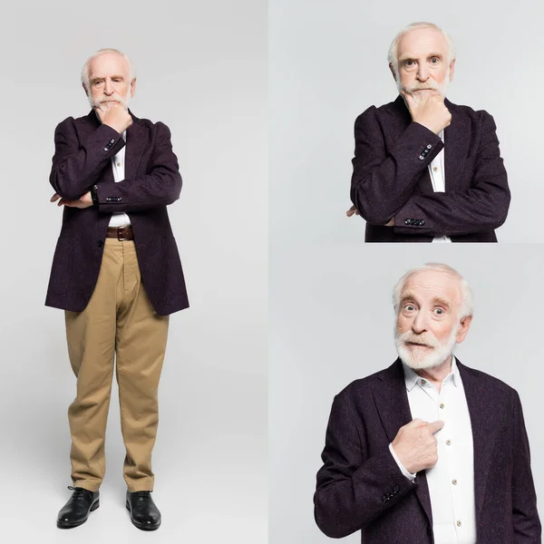 Collage Pensive Excited Senior Man Shirt Jacket Grey Background — Stock Photo, Image