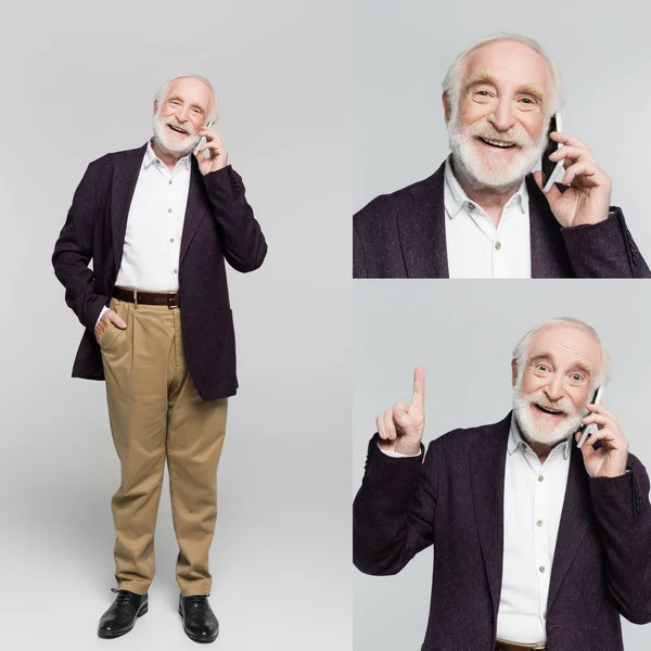 Gri arka planda akıllı telefondan konuşurken gülümseyen kıdemli adamın kolajı 