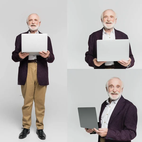 Kolaż Uśmiechniętego Seniora Trzymającego Laptopa Szarym Tle — Zdjęcie stockowe