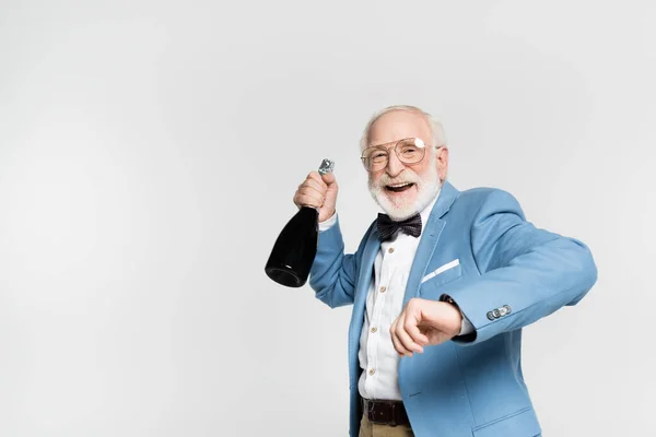 Positive Elderly Man Jacket Bow Tie Holding Bottle Champagne Isolated — Stock Photo, Image