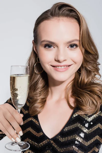 Smiling Young Woman Holding Glass Champagne Isolated Grey — Stock Photo, Image