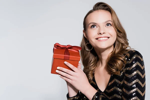 Positive Woman Holding Christmas Present Isolated Grey — Stock Photo, Image