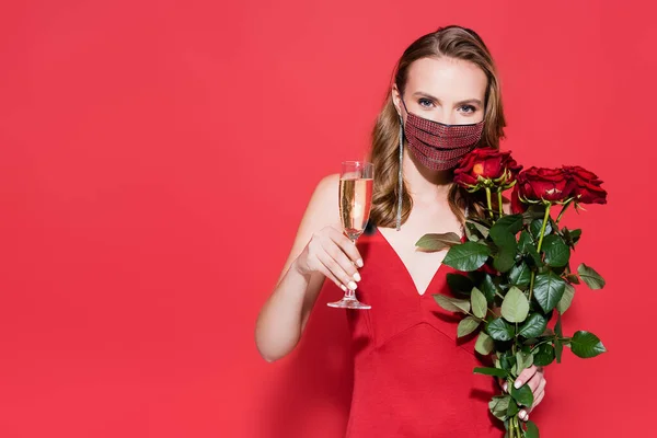 Young Woman Protective Mask Rhinestones Holding Glass Champagne Roses Red — Stock Photo, Image