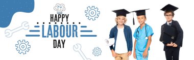 kids in graduation caps dressed in costumes of different professions near happy labour day lettering on white, banner clipart