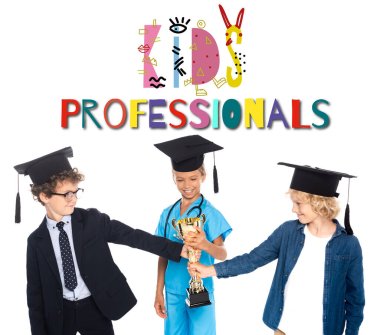 boys and girl in graduation caps dressed in costumes of different professions holding golden trophy near kids professionals lettering on white  clipart