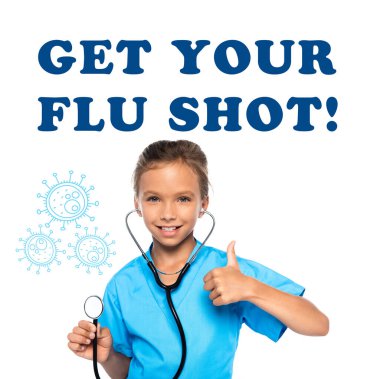 child in costume of doctor holding stethoscope while showing thumb up near get your flu shot lettering on white  clipart
