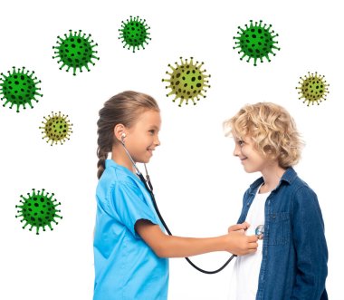 side view of child in costume of doctor examining blonde boy near viruses illustration on white  clipart