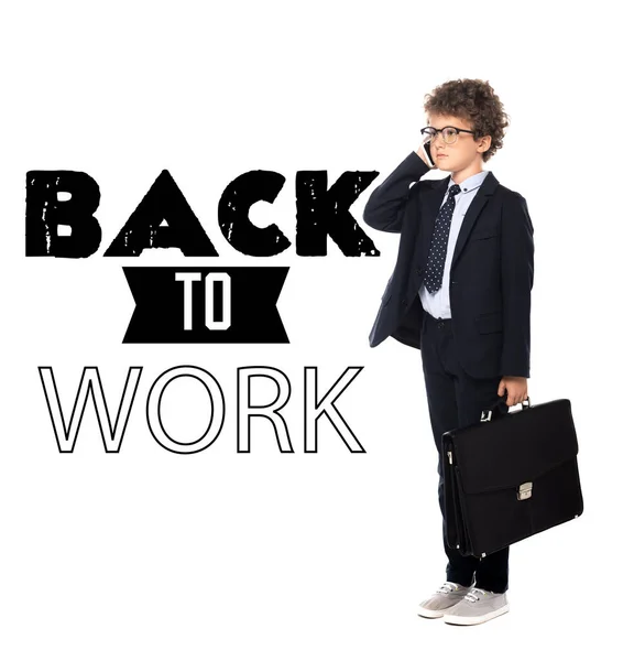 Curly Boy Suit Glasses Holding Briefcase While Talking Smartphone Back — Stock Photo, Image