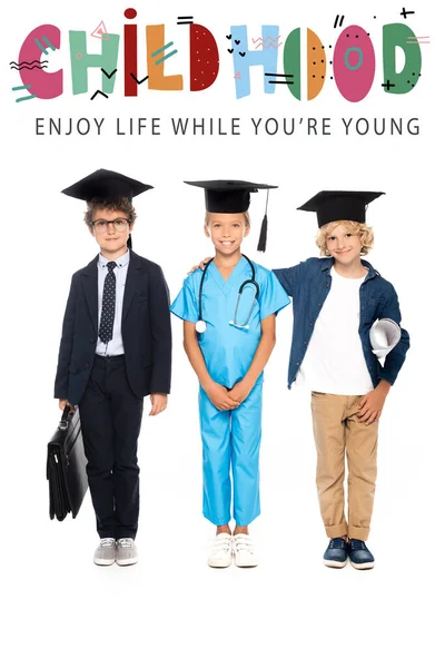 Niños Con Gorras Graduación Vestidos Con Disfraces Diferentes Profesiones Pie — Foto de Stock