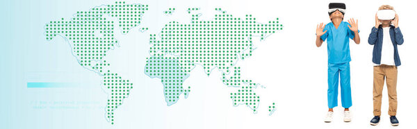 мальчик трогает наушники виртуальной реальности, в то время как ребенок жестом рядом с картой иллюстрация на белом, баннер