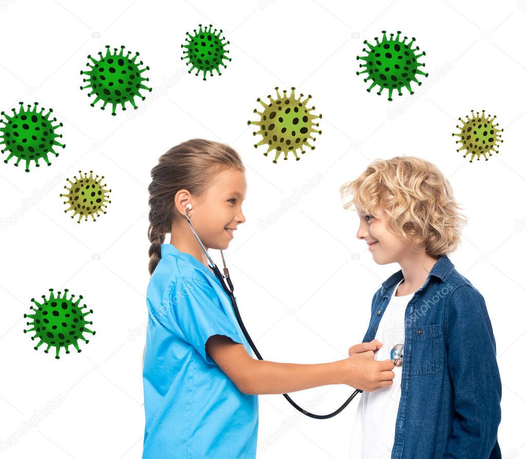 side view of child in costume of doctor examining blonde boy near viruses illustration on white 