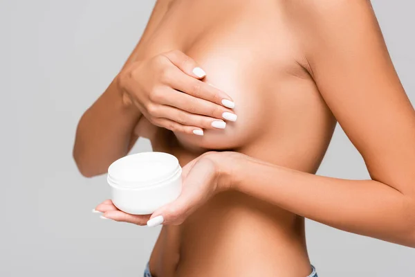 Vista Cortada Mulher Nua Segurando Frasco Com Creme Cosmético Isolado — Fotografia de Stock