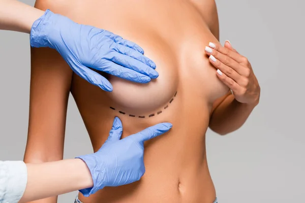 Cropped View Plastic Surgeon Pointing Marks Breast Naked Woman Isolated — Stock Photo, Image