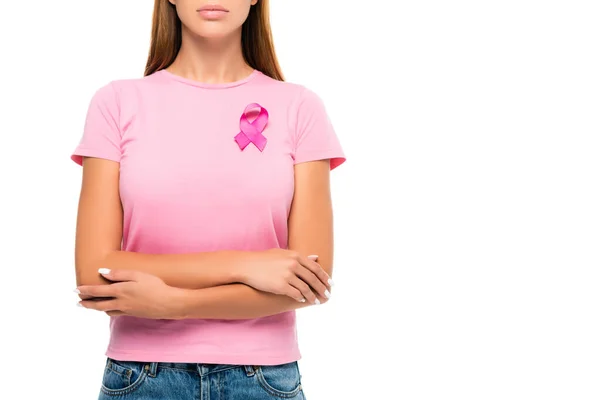 유방암에 인식의 리본을 흰색에 교차하는 여성의 — 스톡 사진