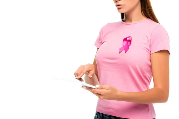 Cropped View Young Woman Breast Cancer Awareness Ribbon Using Digital — Stock Photo, Image