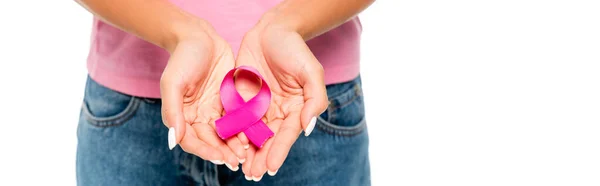 Oříznutý Pohled Ženu Držící Růžovou Stuhu Vědomí Rakoviny Prsu Izolované — Stock fotografie