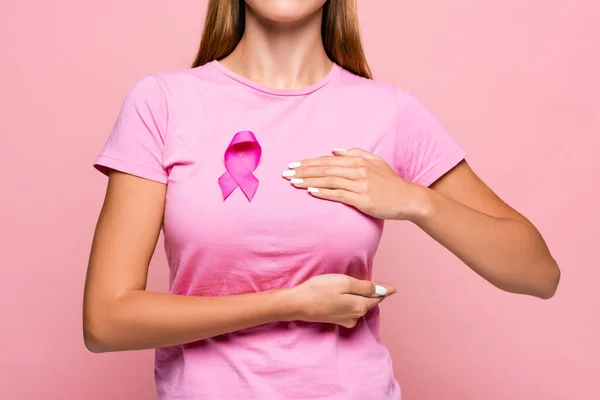 Cropped View Young Woman Breast Cancer Awareness Ruban Touching Breast — Photo