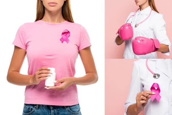 Colagem Mulher Segurando Pílulas Médico Com Luvas Boxe Sinal Consciência — Fotografia de Stock