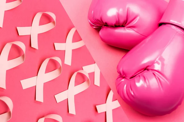 Collage Cintas Conocimiento Cáncer Mama Guantes Boxeo Sobre Fondo Rosa — Foto de Stock