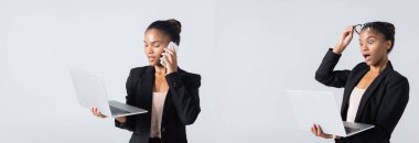 Gözlüklü, akıllı telefondan konuşan ve bilgisayarını gri pankartta saklayan Afrikalı Amerikalı iş kadını kolajı.