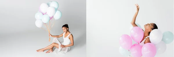 美国芭蕾舞演员穿着白色背景的气球跳舞时赤脚优雅的非洲芭蕾舞女的拼贴 — 图库照片