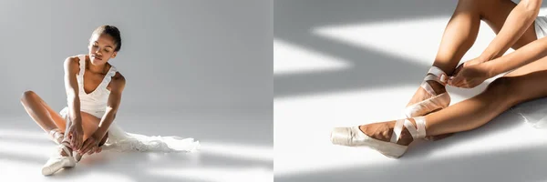 Колаж Витонченої Афроамериканської Балерини Взутті Сидить Підлозі Білому Тлі Банер — стокове фото