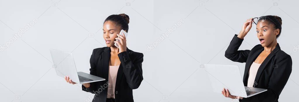 collage of african american businesswoman with glasses talking on smartphone and holding laptop isolated on grey, banner