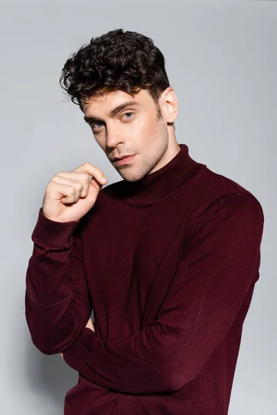 Young Man Burgundy Turtleneck Jumper Posing Isolated Grey — Stock Photo, Image