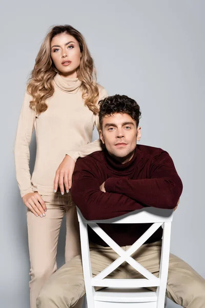 Casual Young Couple Turtleneck Jumpers Posing Isolated Grey — Stock Photo, Image