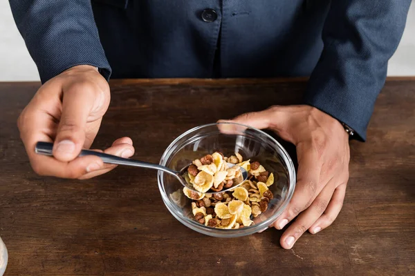 Partial View African American Man Holding Spoon Corn Flakes Bowl — Stock Photo, Image