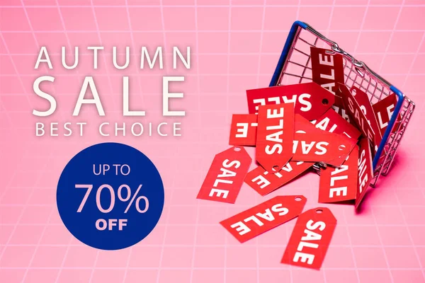 sale tags near shopping basket and autumn sale, best choice, up to 70 percent off lettering on pink, black friday concept