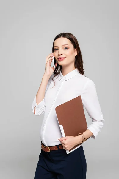 Young Pregnant Businesswoman Folder Talking Smartphone Isolated Grey — Stock Photo, Image