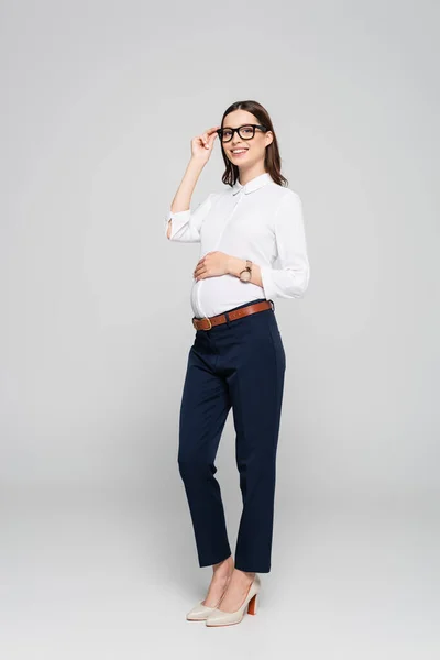 Smiling Young Pregnant Businesswoman Glasses Isolated Grey — Stock Photo, Image