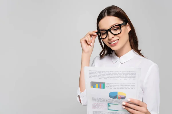 Smiling Young Businesswoman Glasses Holding Document Isolated Grey — Stock Photo, Image