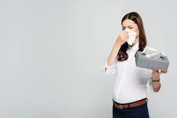 Sad Young Pregnant Businesswoman Having Runny Nose Isolated Grey — Stock Photo, Image