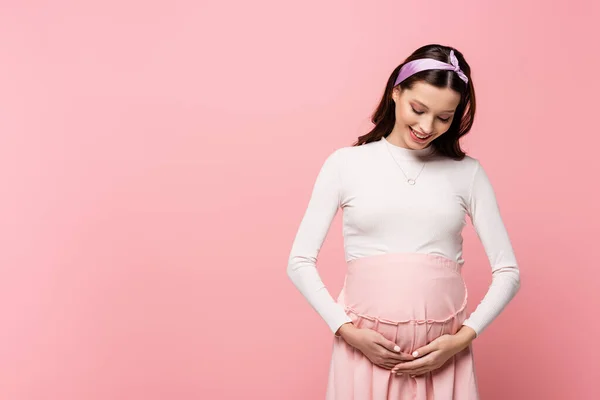 Happy Young Pretty Pregnant Woman Touching Belly Isolated Pink — Stock Photo, Image
