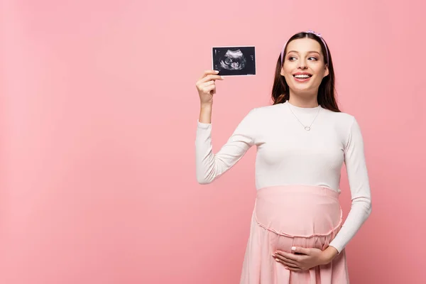 Happy Young Pretty Pregnant Woman Holding Ultrasound Scan Isolated Pink — Stock Photo, Image