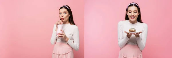 Коллаж Счастливой Молодой Красивой Беременной Женщины Молочным Коктейлем Тортом Изолированы — стоковое фото
