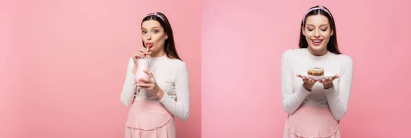 Collage Felice Giovane Bella Donna Incinta Con Frullato Torta Isolata — Foto Stock