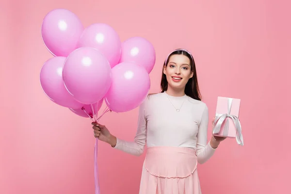 Happy Young Pretty Pregnant Woman Balloons Gift Isolated Pink — Stock Photo, Image