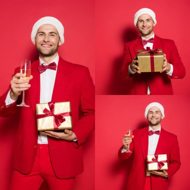 Noel Baba şapkalı neşeli adamın kolajı elinde şampanya kadehi ve kırmızı arka planda hediye.