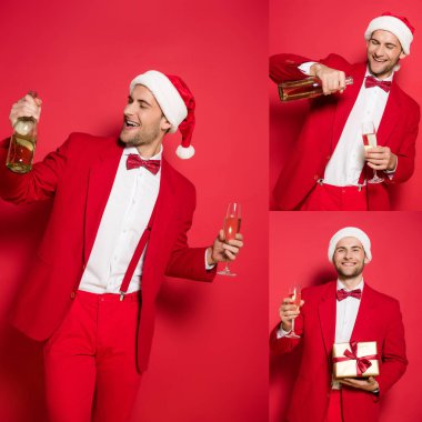 Noel Baba şapkalı ve takım elbiseli neşeli adamın kolajı kırmızı arka planda şampanya ve hediye taşıyor.