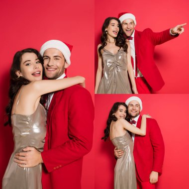 Gülümseyen kadın kolajı. Takım elbiseli erkek arkadaşı kucaklayan ve kırmızı arka planda Noel Baba şapkası takan. 
