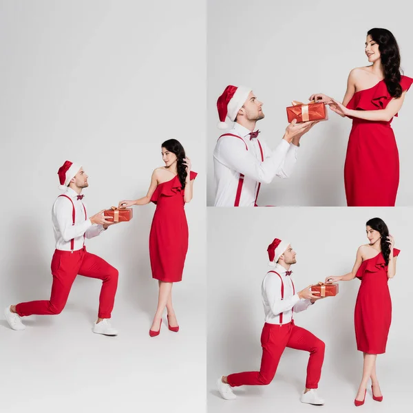 Collage Man Santa Hat Holding Gift Smiling Woman Red Dress — Foto Stock
